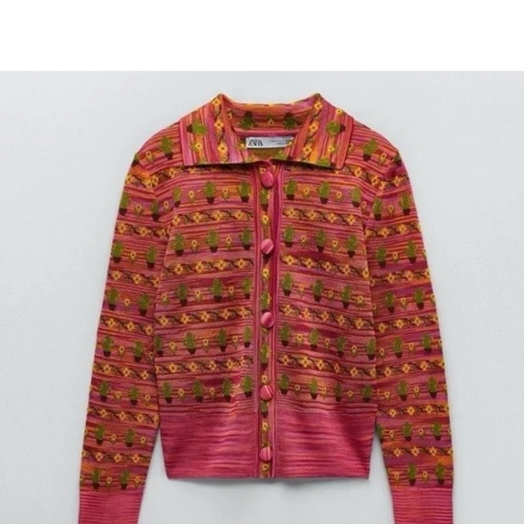 Zara pink 60s mod cactus cardigan jacquard knit button up sweater funky design - Picture 2 of 10
